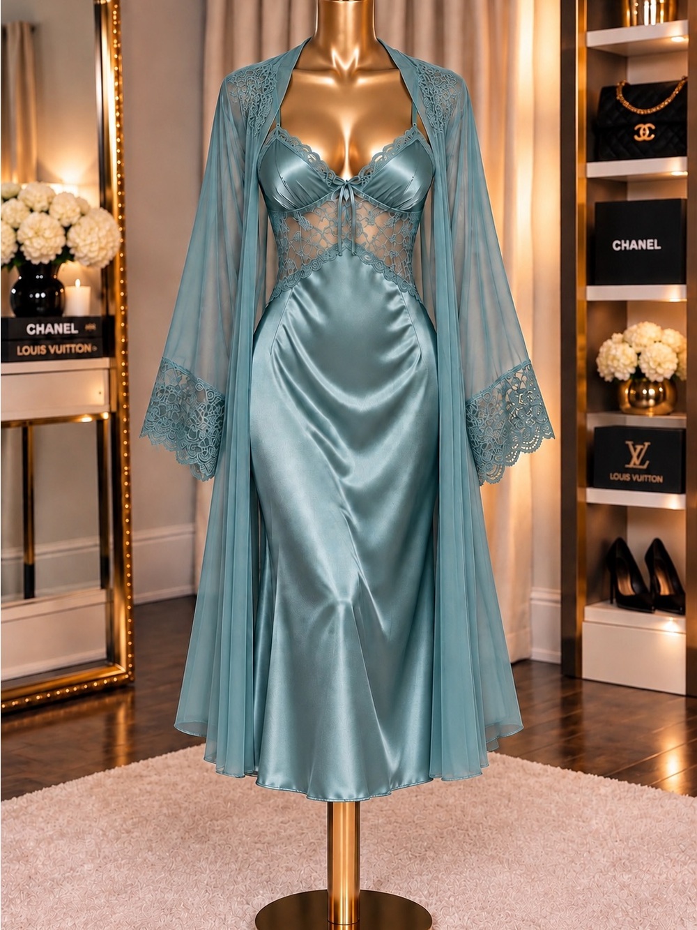 Aqua Sage Satin Lace Nightgown & Sheer Robe 2-Piece Lingerie Set
